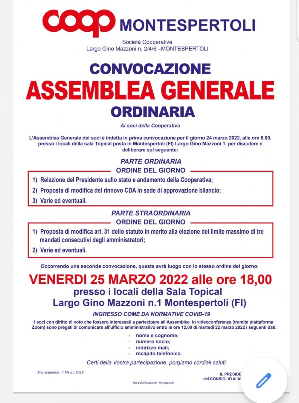 Convocazione Assemblea Generale Ordinaria